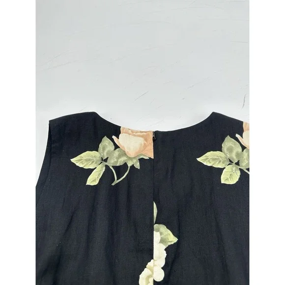VTG 90s Ellen Tracy 100% Linen Dress 12 Black Floral Sheath Classic Cottagecore - Picture 11 of 14